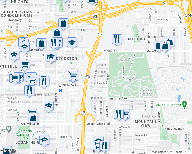 map of restaurants, bars, coffee shops, grocery stores, and more near 3505 L Street in San Diego
