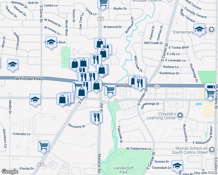 map of restaurants, bars, coffee shops, grocery stores, and more near 500 West Pioneer Parkway in Arlington