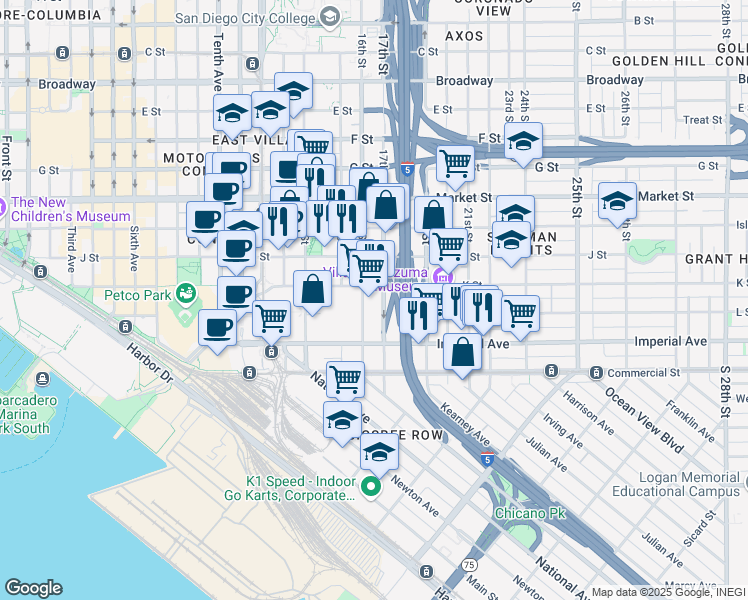map of restaurants, bars, coffee shops, grocery stores, and more near 229 16th Street in San Diego