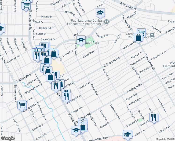map of restaurants, bars, coffee shops, grocery stores, and more near 2217 East Overton Road in Dallas