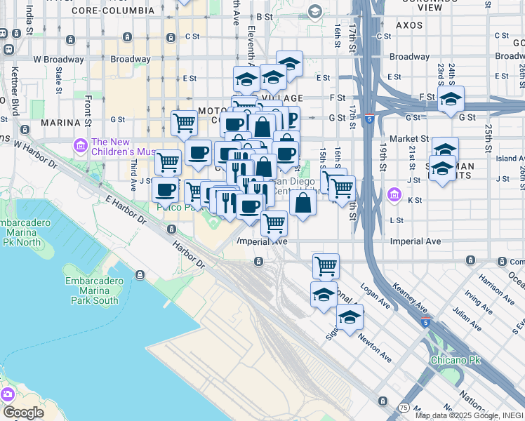 map of restaurants, bars, coffee shops, grocery stores, and more near 206 Park Boulevard in San Diego