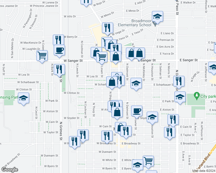 map of restaurants, bars, coffee shops, grocery stores, and more near 203 West Scharbauer Street in Hobbs