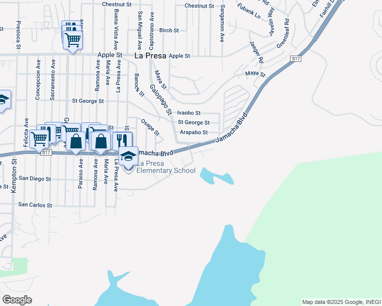 map of restaurants, bars, coffee shops, grocery stores, and more near 9809 San Diego Street in Spring Valley