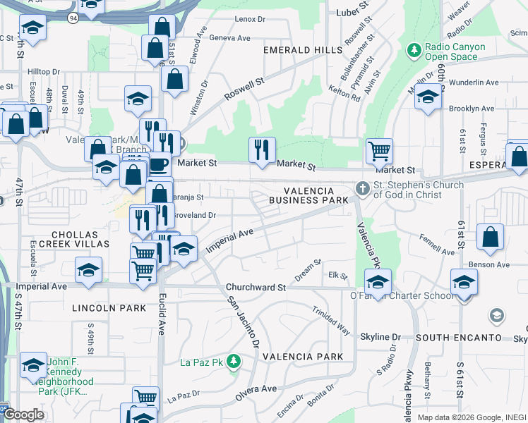map of restaurants, bars, coffee shops, grocery stores, and more near 325 54th Street in San Diego