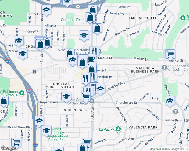 map of restaurants, bars, coffee shops, grocery stores, and more near 5137 Groveland Drive in San Diego