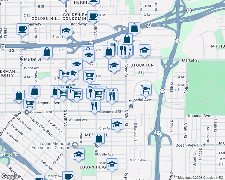 map of restaurants, bars, coffee shops, grocery stores, and more near 3095 L Street in San Diego