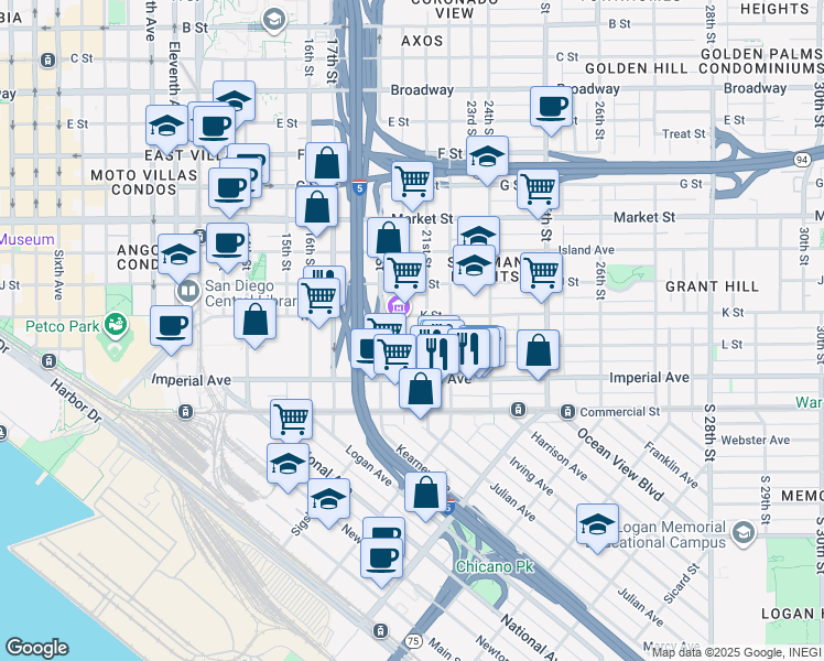 map of restaurants, bars, coffee shops, grocery stores, and more near 2004-10 L Street in San Diego