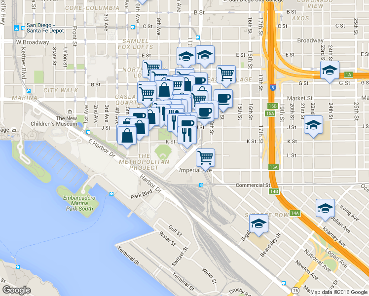 map of restaurants, bars, coffee shops, grocery stores, and more near 211 Park Boulevard in San Diego