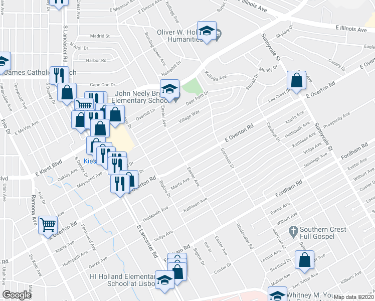 map of restaurants, bars, coffee shops, grocery stores, and more near 2217 East Overton Road in Dallas