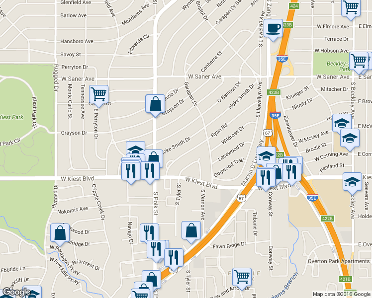 map of restaurants, bars, coffee shops, grocery stores, and more near 902 Ryan Road in Dallas