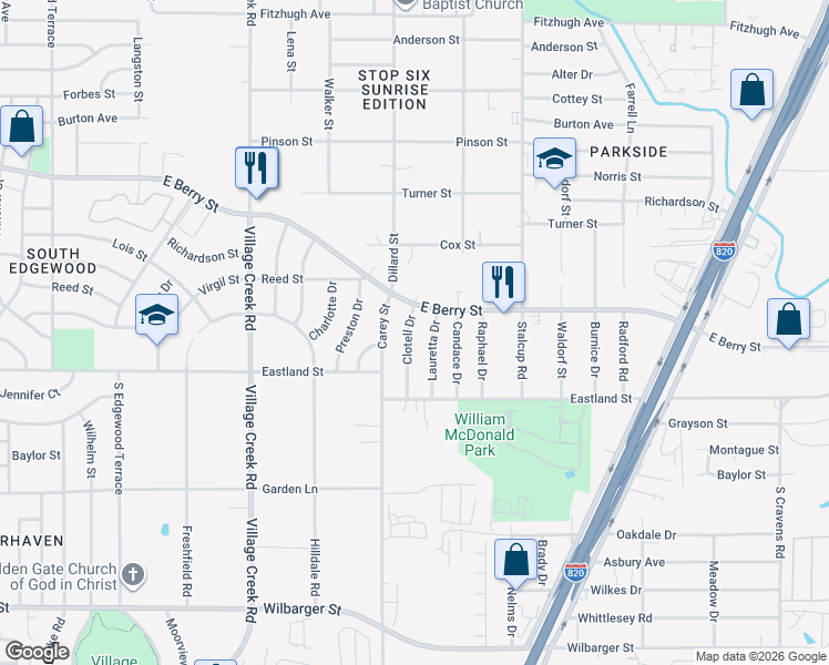 map of restaurants, bars, coffee shops, grocery stores, and more near 3729 Clotell Drive in Fort Worth
