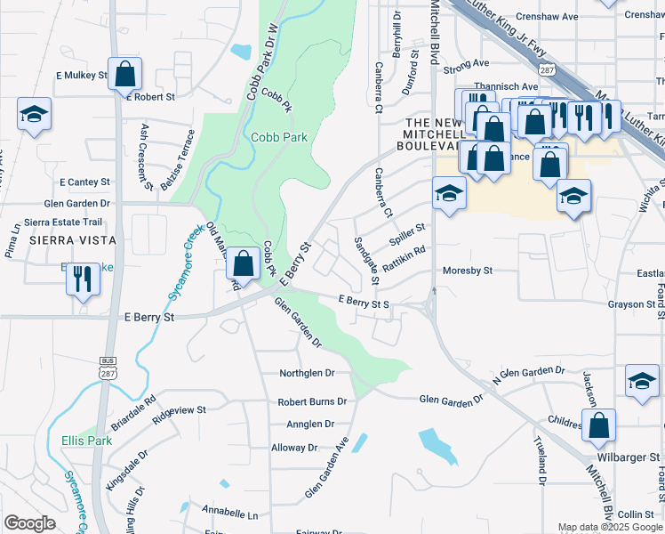 map of restaurants, bars, coffee shops, grocery stores, and more near 2350 East Berry Street in Fort Worth