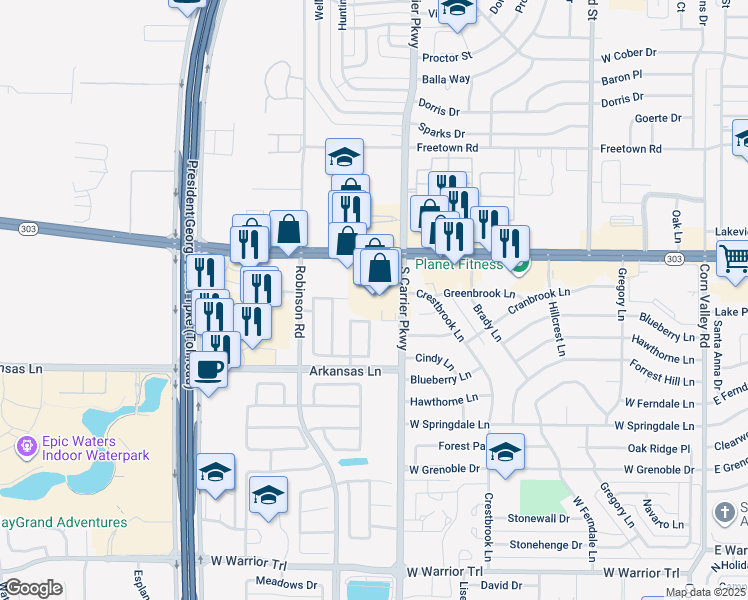 map of restaurants, bars, coffee shops, grocery stores, and more near 817 West Pioneer Parkway in Grand Prairie