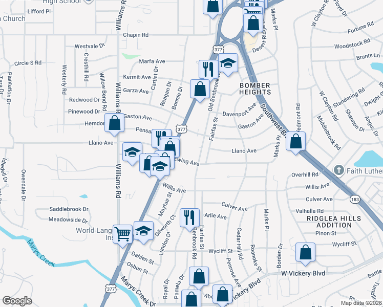 map of restaurants, bars, coffee shops, grocery stores, and more near 4416 Fairfax Street in Fort Worth
