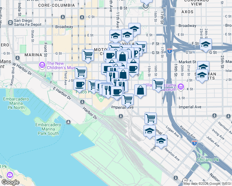 map of restaurants, bars, coffee shops, grocery stores, and more near 253 Tenth Avenue in San Diego