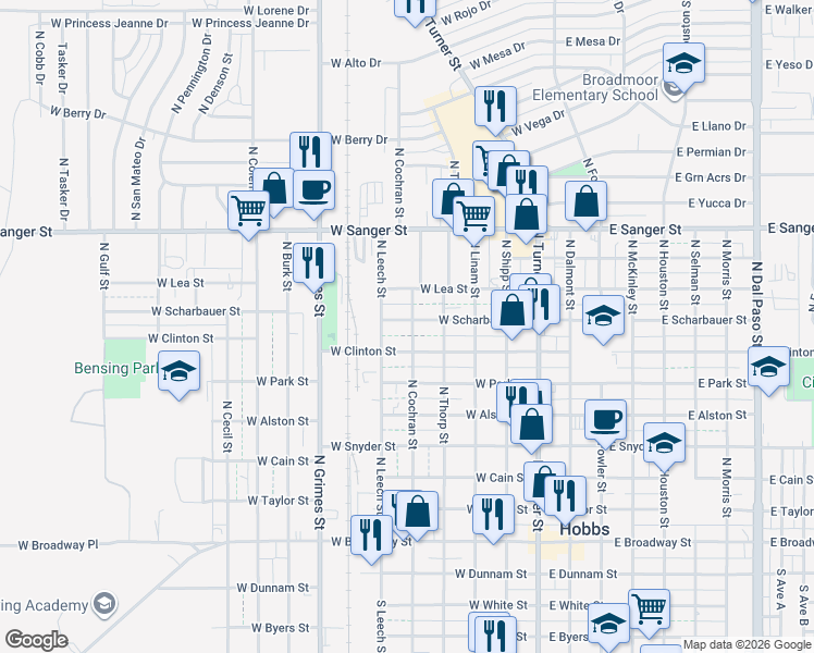 map of restaurants, bars, coffee shops, grocery stores, and more near 709 North Cochran Street in Hobbs