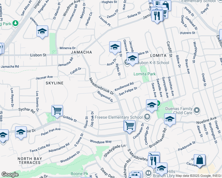 map of restaurants, bars, coffee shops, grocery stores, and more near 425 South Meadowbrook Drive in San Diego