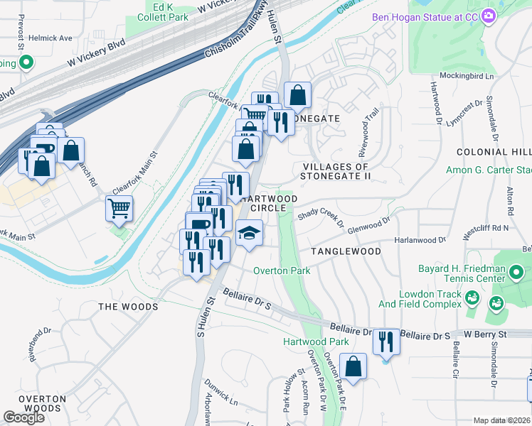 map of restaurants, bars, coffee shops, grocery stores, and more near 3016 Tanglewood Park East in Fort Worth