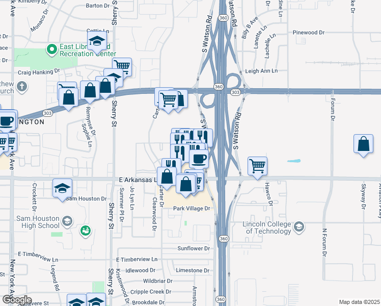 map of restaurants, bars, coffee shops, grocery stores, and more near 2525 East Arkansas Lane in Arlington