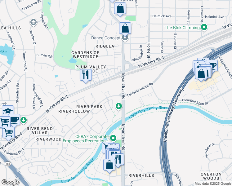 map of restaurants, bars, coffee shops, grocery stores, and more near 2500 Water Edge Lane in Fort Worth