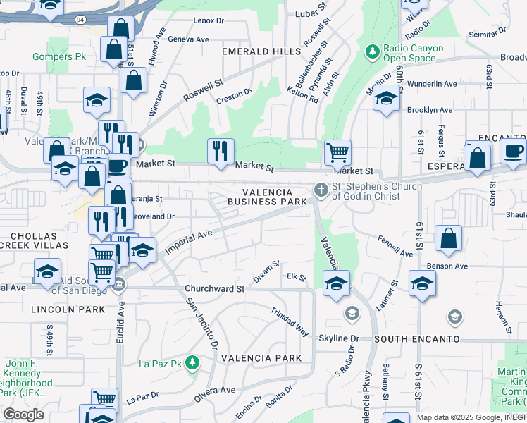 map of restaurants, bars, coffee shops, grocery stores, and more near 5496 Imperial Avenue in San Diego