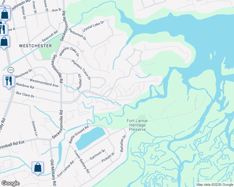 map of restaurants, bars, coffee shops, grocery stores, and more near John McEnery Road in Charleston
