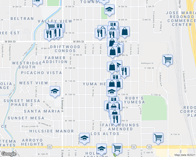 map of restaurants, bars, coffee shops, grocery stores, and more near 1096 South 6th Avenue in Yuma
