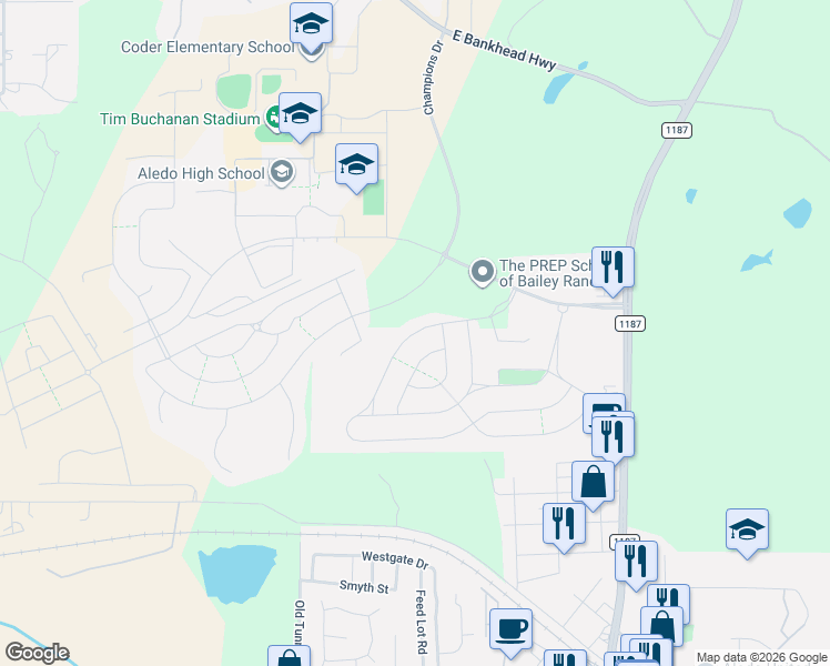 map of restaurants, bars, coffee shops, grocery stores, and more near 333 Creekview Terrace in Aledo