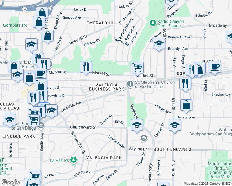 map of restaurants, bars, coffee shops, grocery stores, and more near 5641 Imperial Avenue in San Diego
