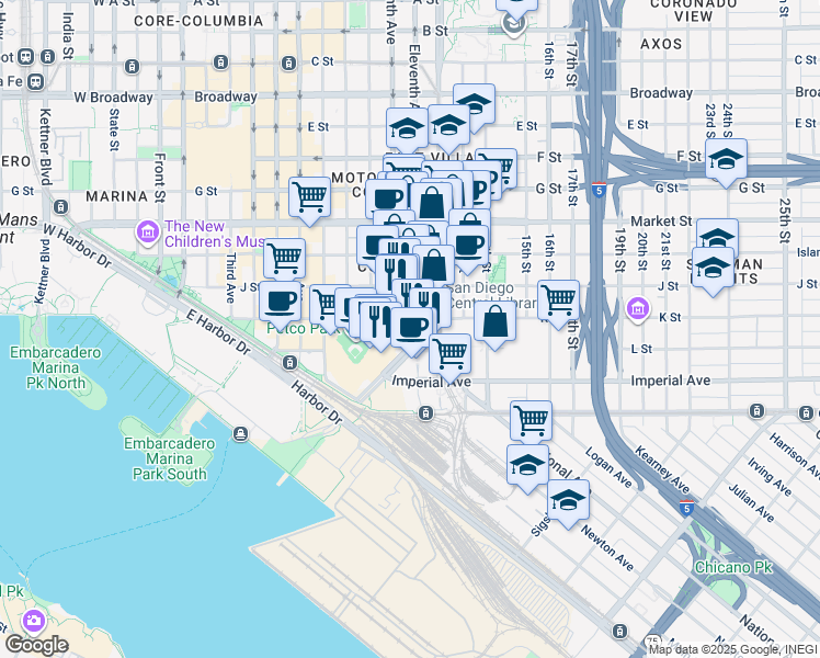 map of restaurants, bars, coffee shops, grocery stores, and more near 10th Avenue in San Diego