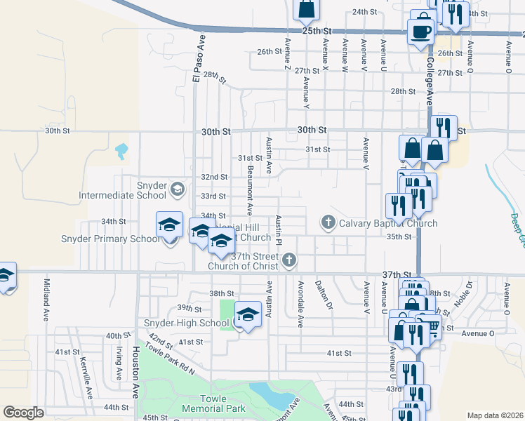 map of restaurants, bars, coffee shops, grocery stores, and more near 2700-2798 34th St in Snyder