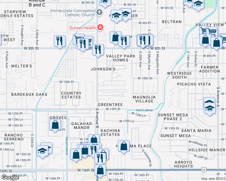 map of restaurants, bars, coffee shops, grocery stores, and more near 2300-2498 W Greentree Dr in Yuma