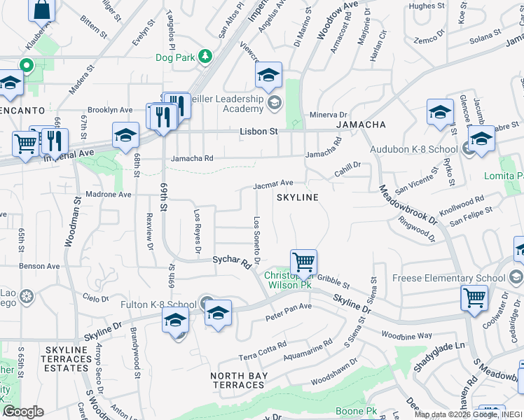 map of restaurants, bars, coffee shops, grocery stores, and more near 321 Los Soneto Drive in San Diego