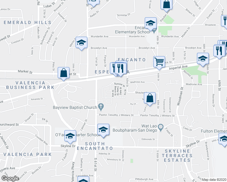 map of restaurants, bars, coffee shops, grocery stores, and more near 402 63rd Street in San Diego