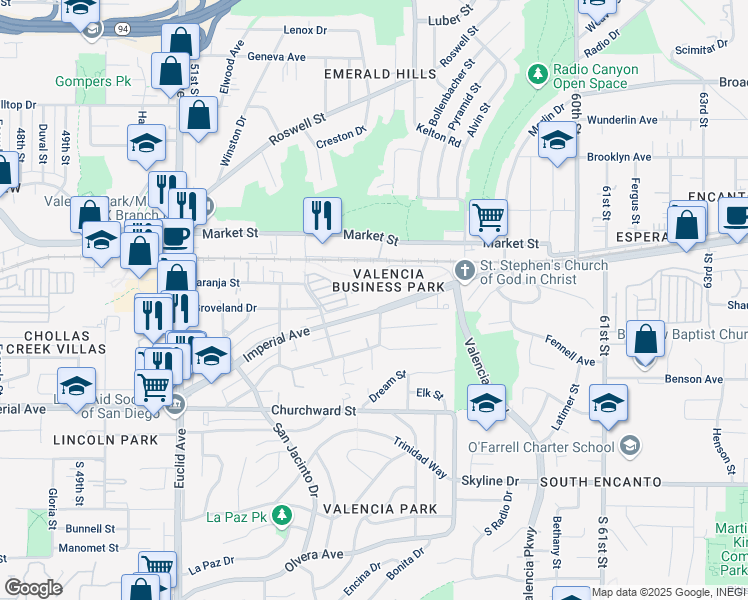 map of restaurants, bars, coffee shops, grocery stores, and more near 265 55th Street in San Diego