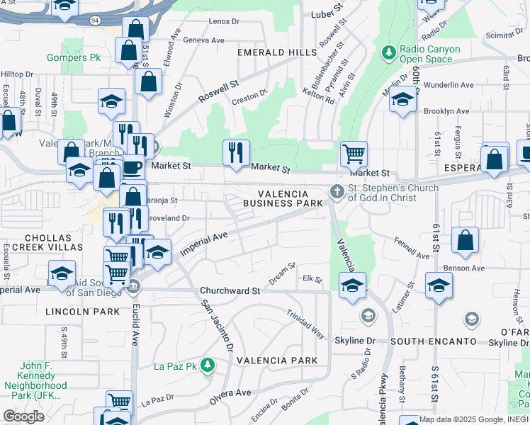 map of restaurants, bars, coffee shops, grocery stores, and more near 265 55th Street in San Diego