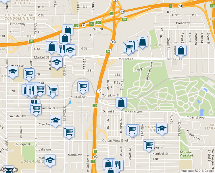 map of restaurants, bars, coffee shops, grocery stores, and more near 272 35th Street in San Diego