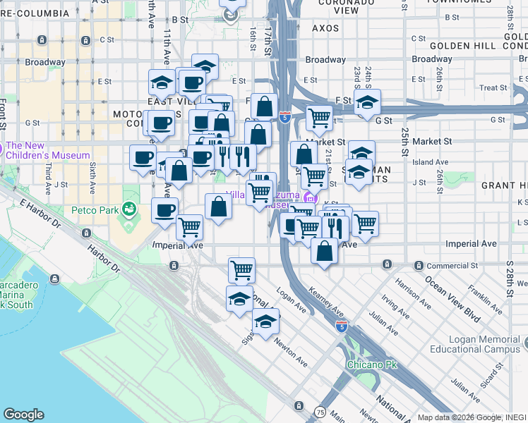 map of restaurants, bars, coffee shops, grocery stores, and more near 205 16th Street in San Diego