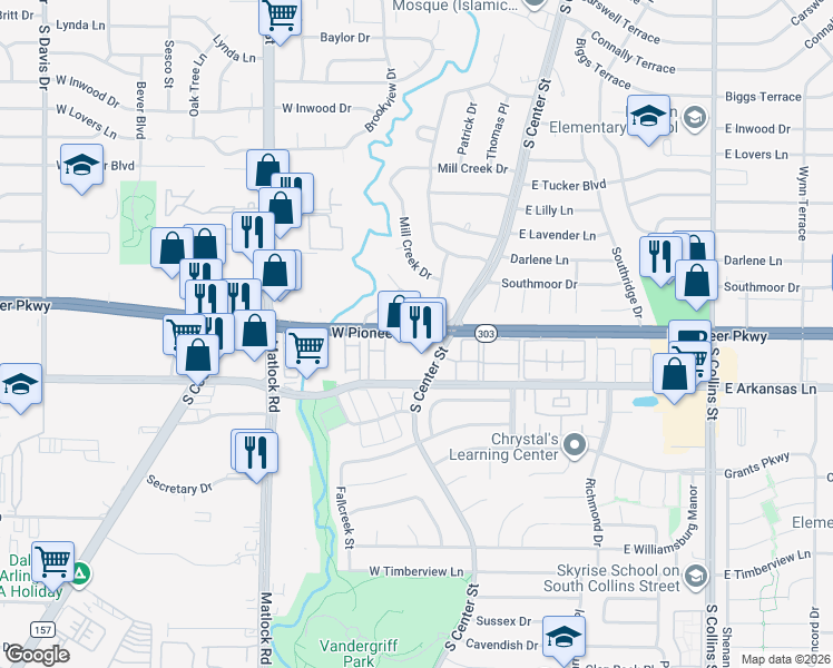map of restaurants, bars, coffee shops, grocery stores, and more near 100 West Pioneer Parkway in Arlington