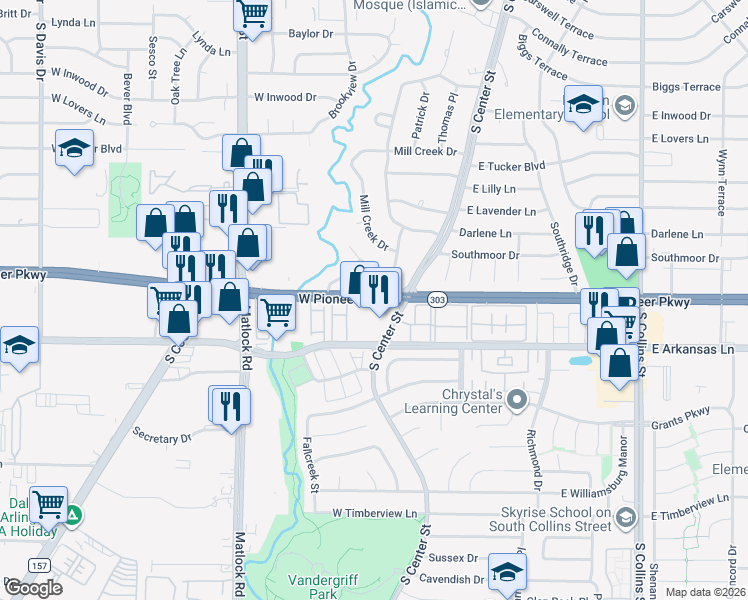 map of restaurants, bars, coffee shops, grocery stores, and more near 100 West Pioneer Parkway in Arlington