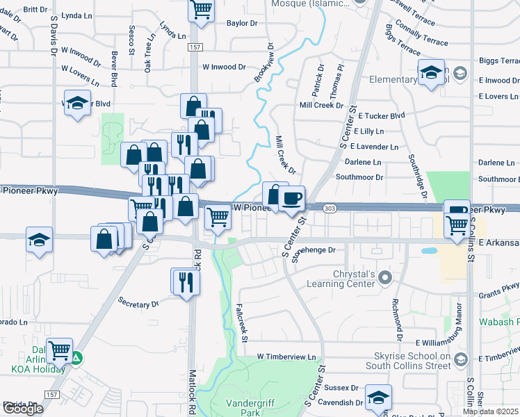 map of restaurants, bars, coffee shops, grocery stores, and more near 124 West Pioneer Parkway in Arlington