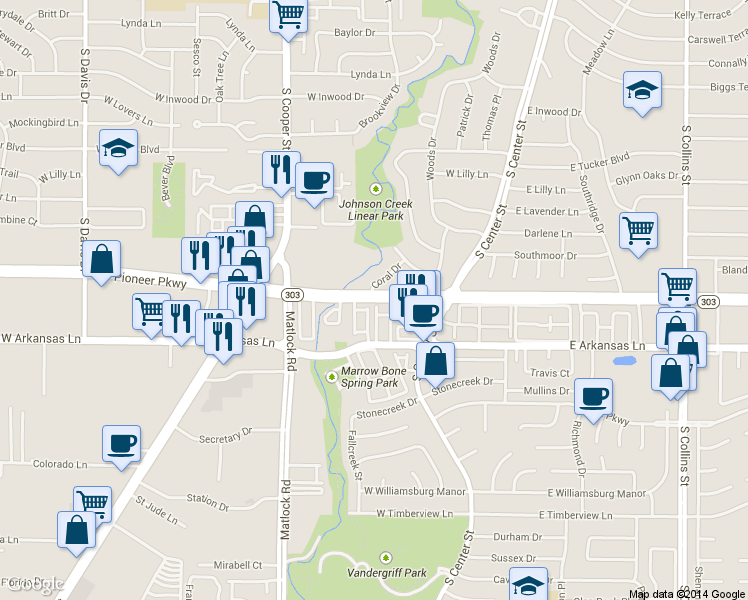 map of restaurants, bars, coffee shops, grocery stores, and more near 300 West Pioneer Parkway in Arlington