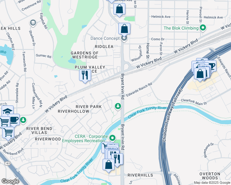 map of restaurants, bars, coffee shops, grocery stores, and more near 2500 Water Edge Lane in Fort Worth