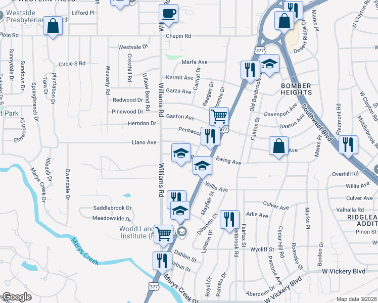 map of restaurants, bars, coffee shops, grocery stores, and more near 7705 Ewing Avenue in Fort Worth