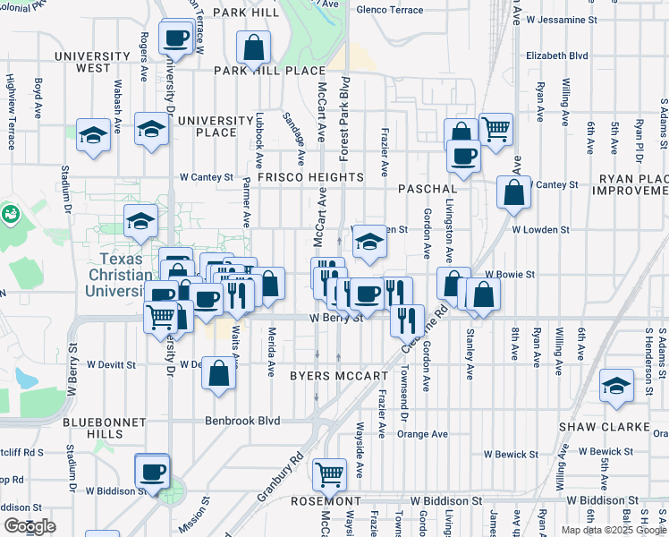 map of restaurants, bars, coffee shops, grocery stores, and more near 2942 Forest Park Boulevard in Fort Worth