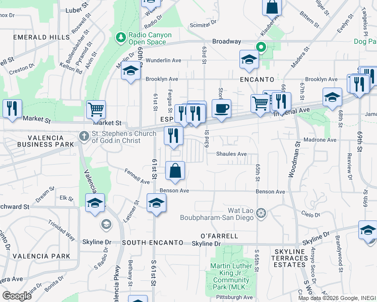 map of restaurants, bars, coffee shops, grocery stores, and more near 402 63rd Street in San Diego