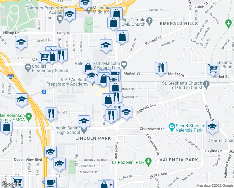 map of restaurants, bars, coffee shops, grocery stores, and more near 333 Euclid Ave in San Diego