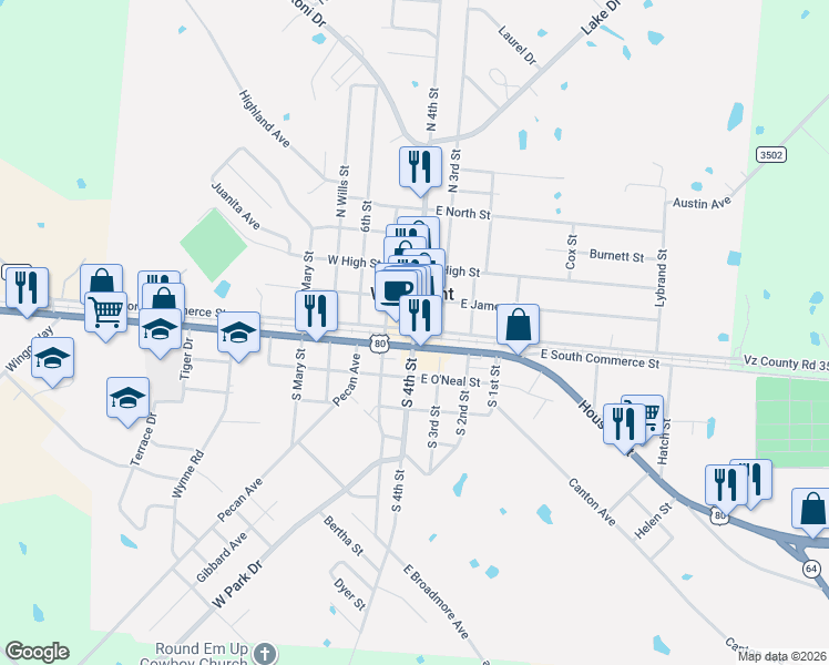 map of restaurants, bars, coffee shops, grocery stores, and more near in Wills Point