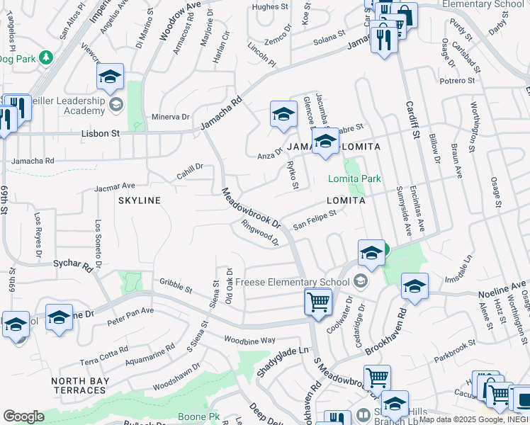 map of restaurants, bars, coffee shops, grocery stores, and more near 465 Meadowbrook Drive in San Diego