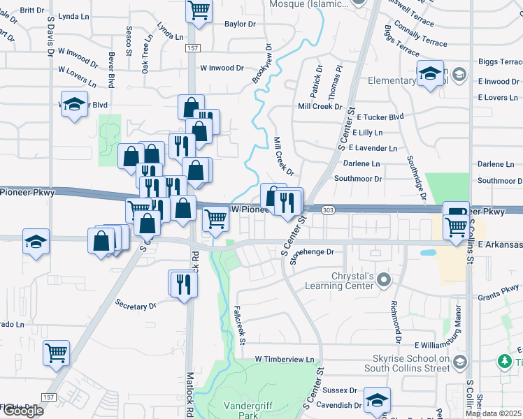 map of restaurants, bars, coffee shops, grocery stores, and more near 206 West Pioneer Parkway in Arlington